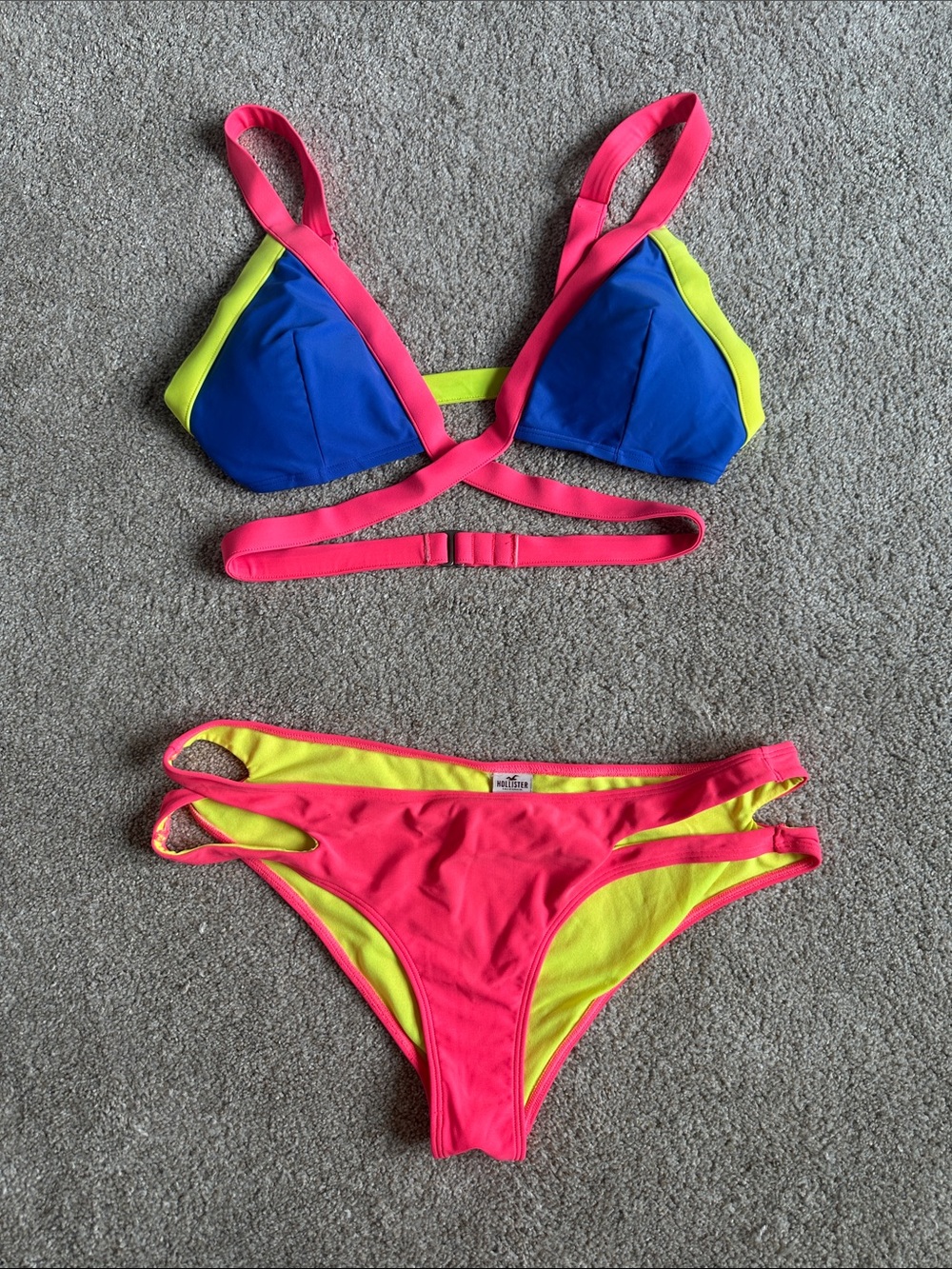 Hollister Neon Pink, Royal Blue & Yellow Colorblock Bikini